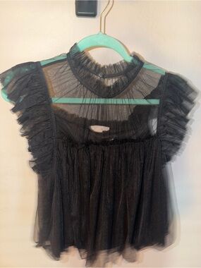 eesome Black Ruffled Sheer Mesh Blouse